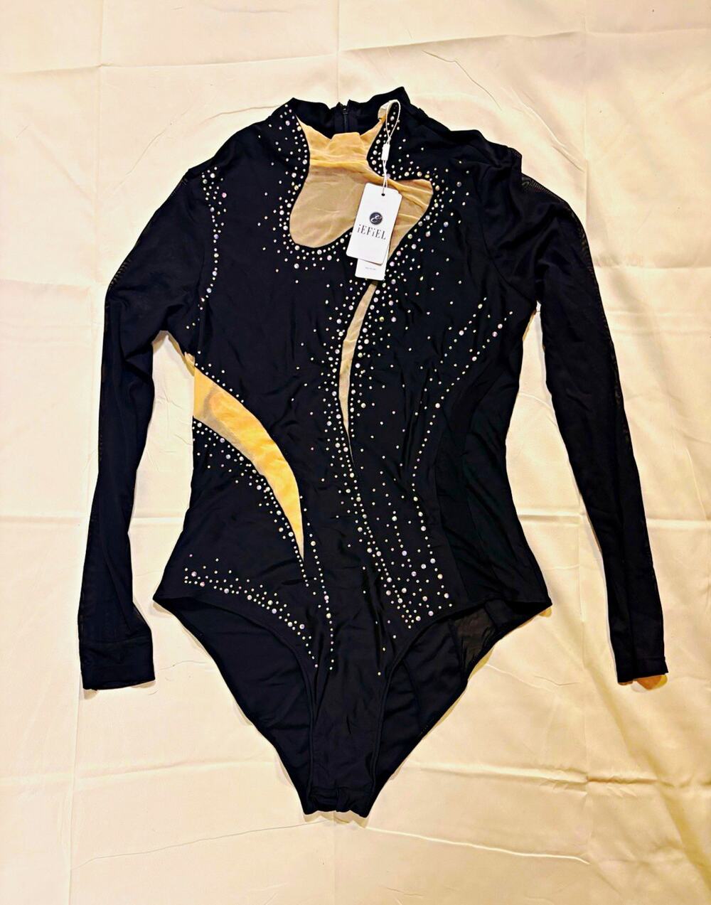 iEFiEL Women’s Black Long Sleeve Mesh Rhinestone Leotard Unitard Size L